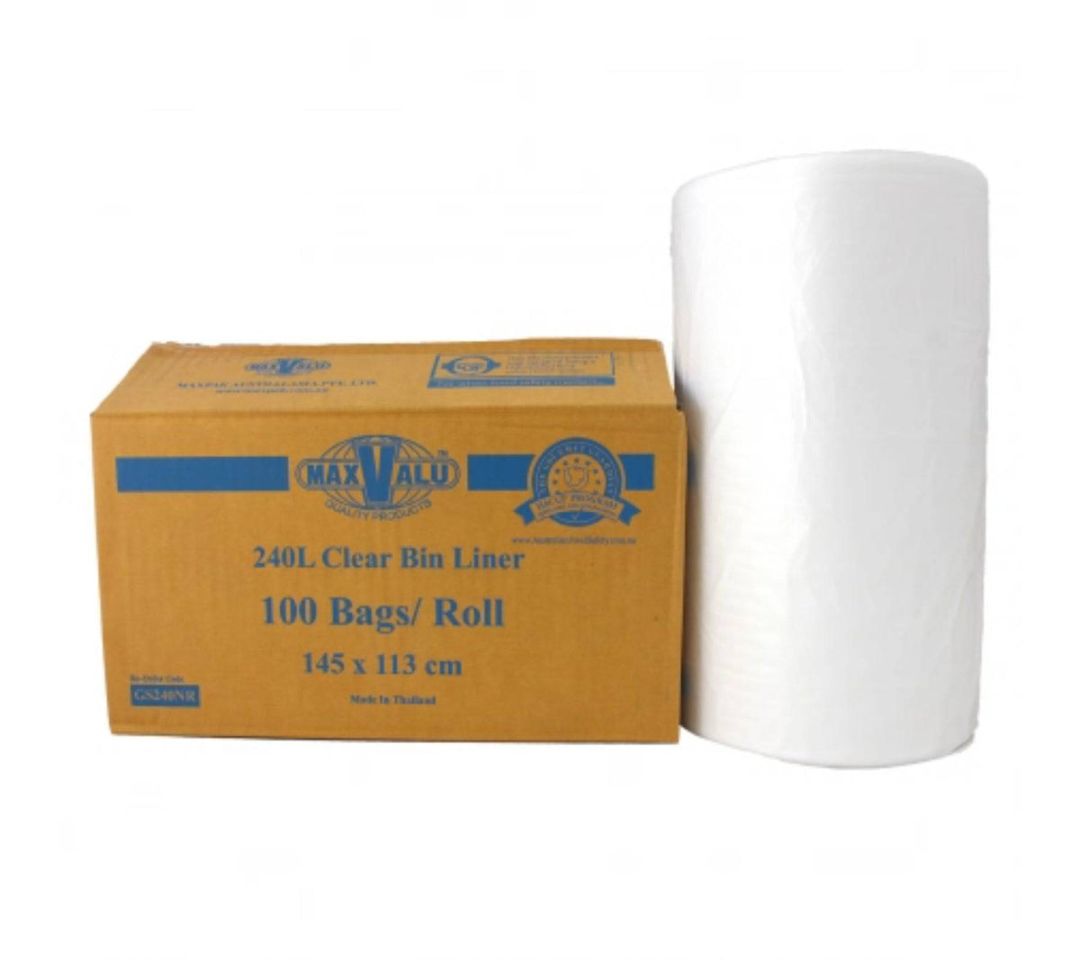 Clear heavy-duty rubbish bin liners by Hlpmedical, 240L capacity, 100 garbage bags per roll, durable plastic waste disposal.