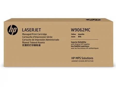 Genuine HP E55040 W9062MC yellow toner cartridge for HP printers, provides up to 12,500 pages, HLP brand toner cartridge.
