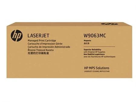 Genuine HP E55040 W9063MC magenta toner cartridge for HP printers, delivers 12,500 pages, compatible with toner and inkjet printers.