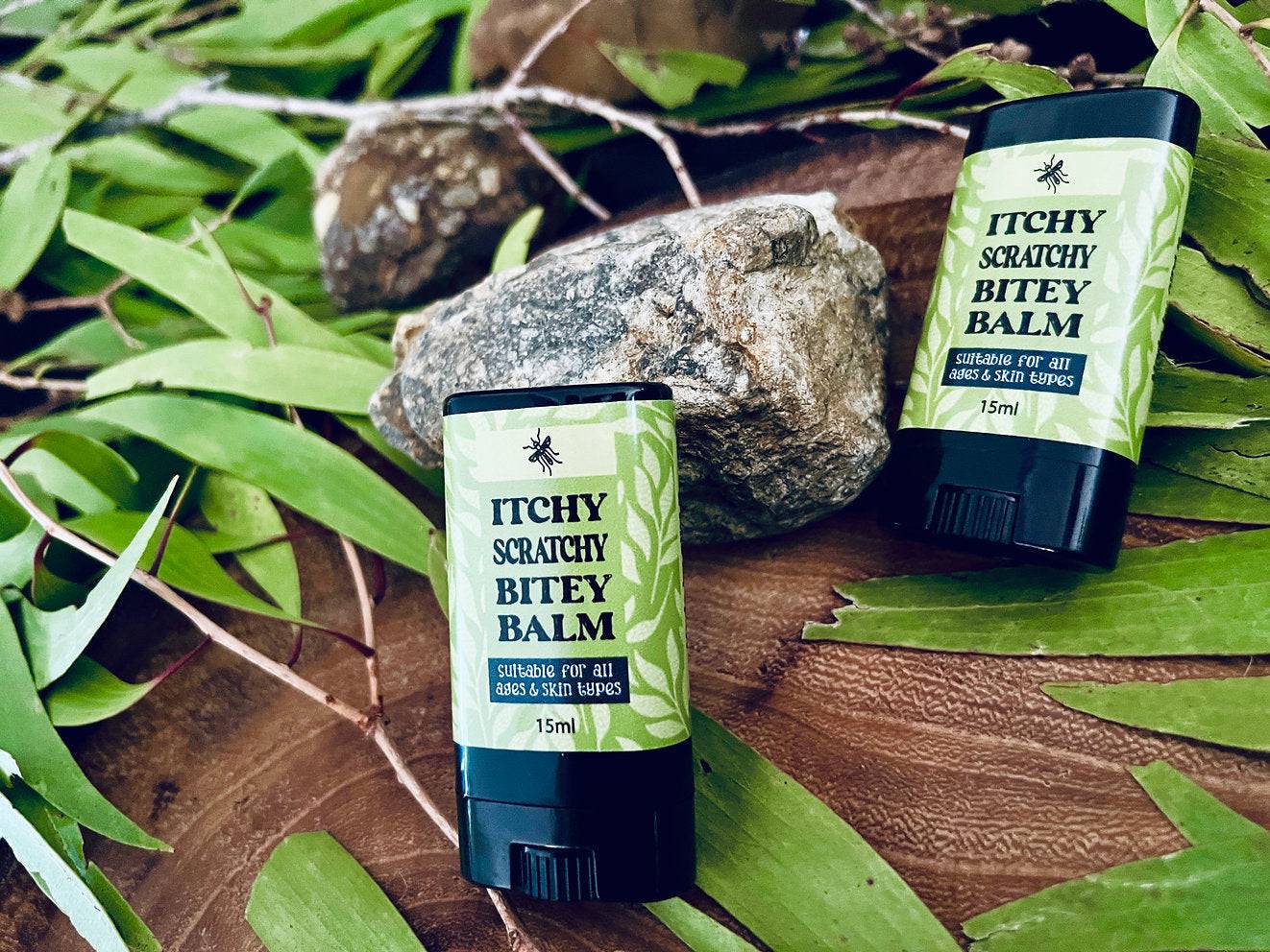 Hlpmedical Itchy Scrathy Bitey Balm 7ml or 15ml, soothing balm for insect bites, with a close-up of the balm tube and label.