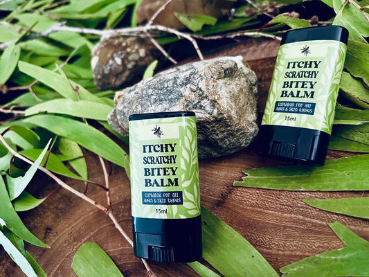 Hlpmedical Itchy Scrathy Bitey Balm 7ml or 15ml, soothing balm for insect bites, with a close-up of the balm tube and label.