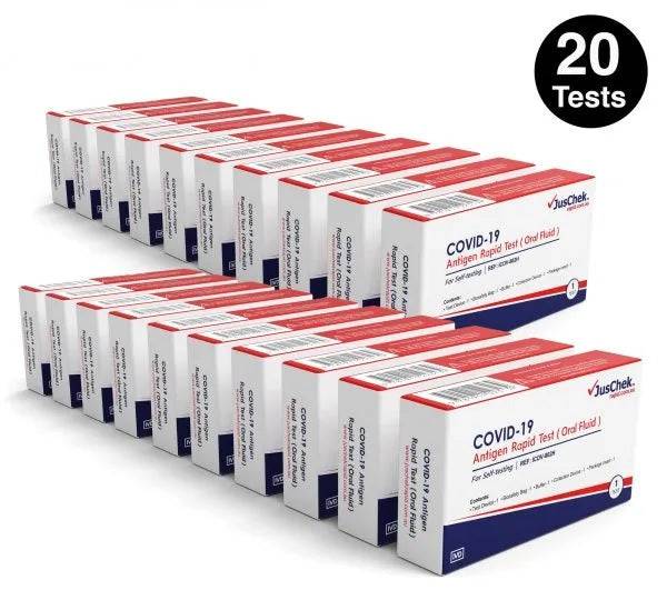 Box of 20 Hlpmedical JusChek COVID-19 saliva antigen rapid tests, expired February 2026, for quick at-home COVID-19 testing.