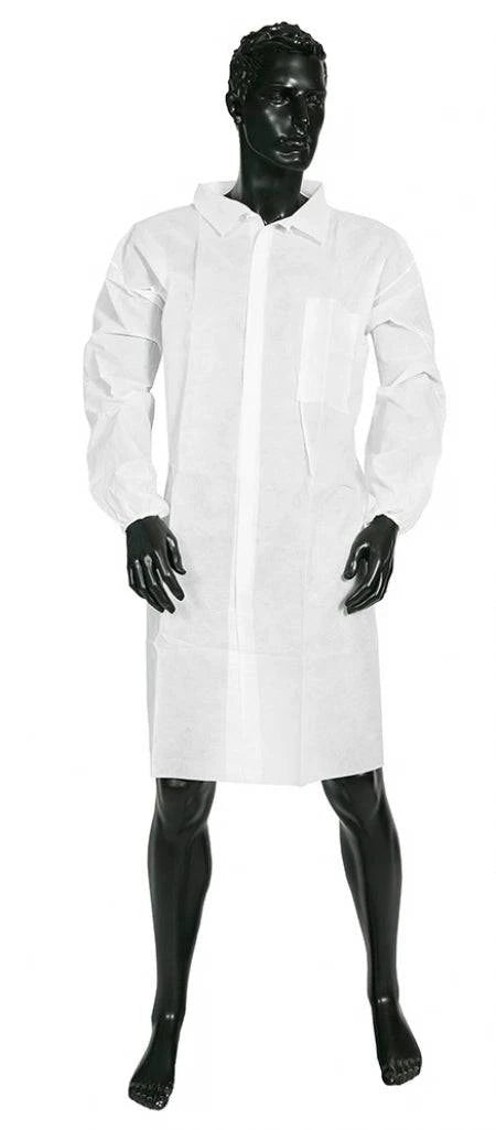 Hlpmedical TGA-approved PP disposable lab coat with Velcro, non-sterile, shown in image. Ideal work safety protective gear.