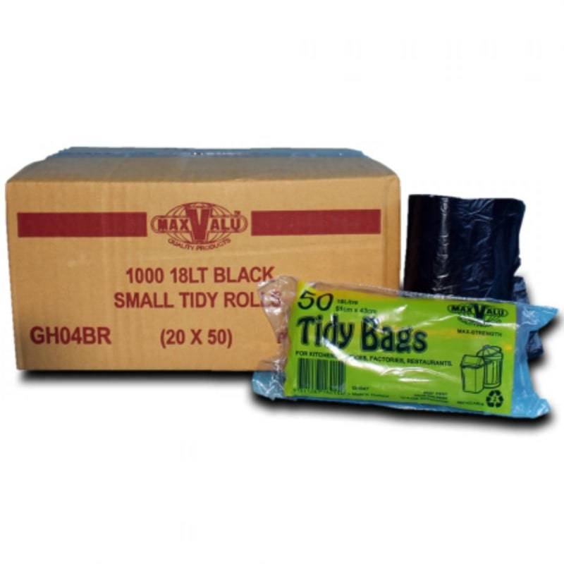 Black 18L trash bin liners from Hlpmedical, 20x50 roll of small garbage bags, 1000 tidy bin liners for waste disposal.