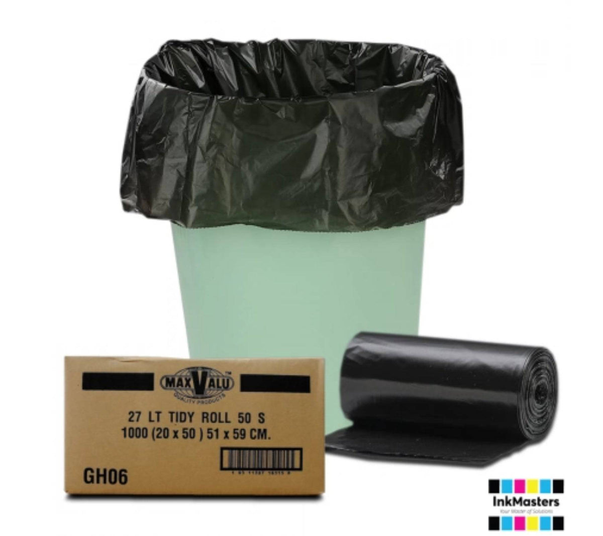 Black 27L medium bin liners by Hlpmedical, 20x50 tidy bag rolls, 1000 trash bags for waste disposal and rubbish collection.