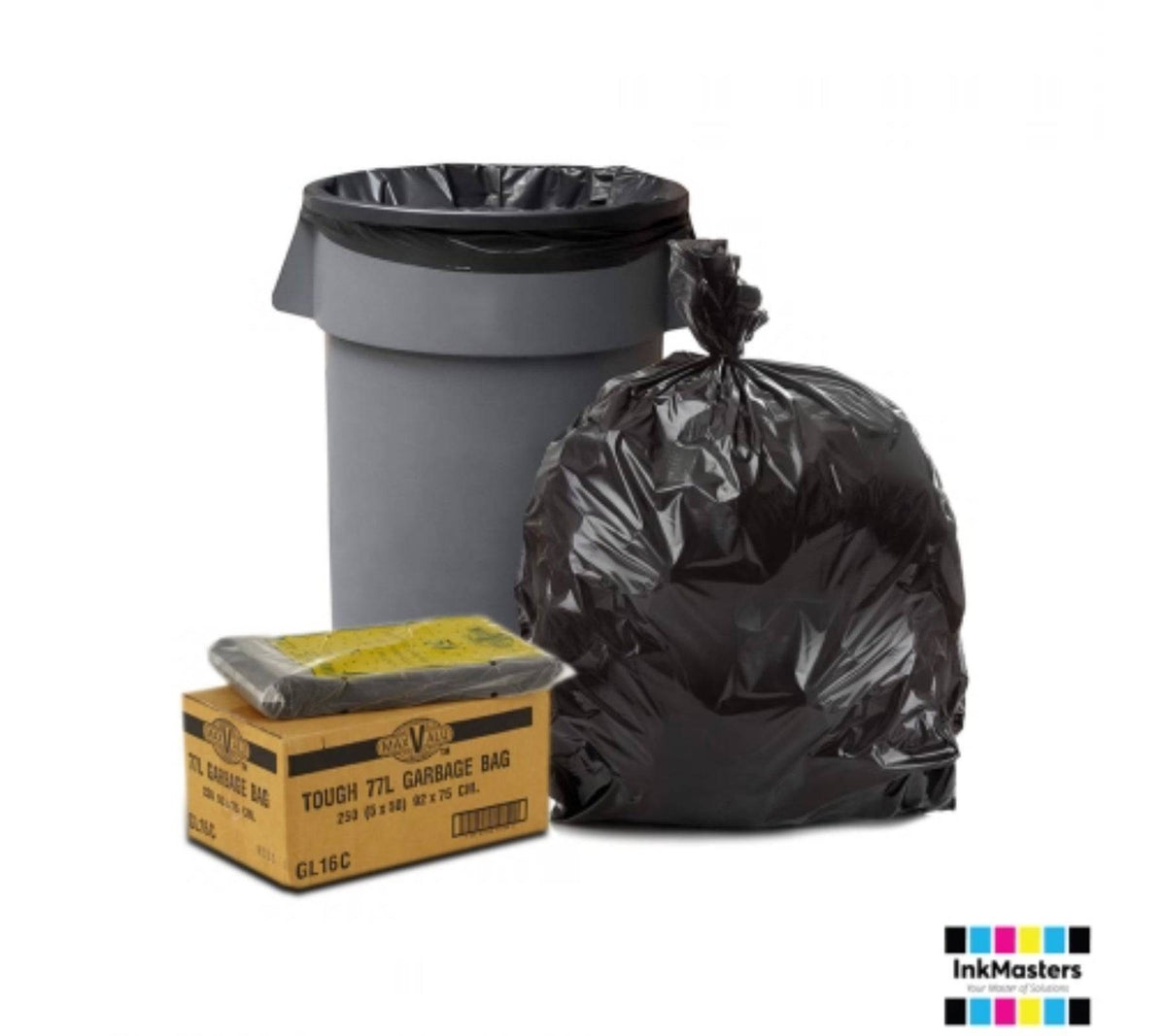 Black heavy-duty bin liners by Hlpmedical, 77L capacity, 22um thickness, pack of 250 garbage bags for waste disposal.