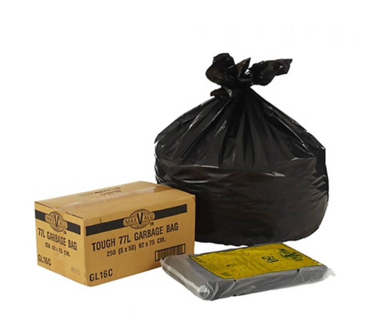 Black heavy-duty rubbish bin liners by Hlpmedical, 77L capacity, 22um thickness, 5 packs of 50 garbage bags.