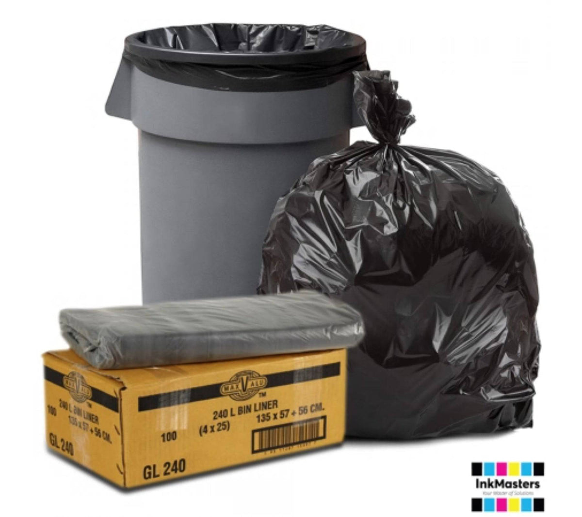 Black heavy duty rubbish bags by Hlpmedical, 240L bin liners, 20um thick, pack of 100 garbage bags for waste disposal.