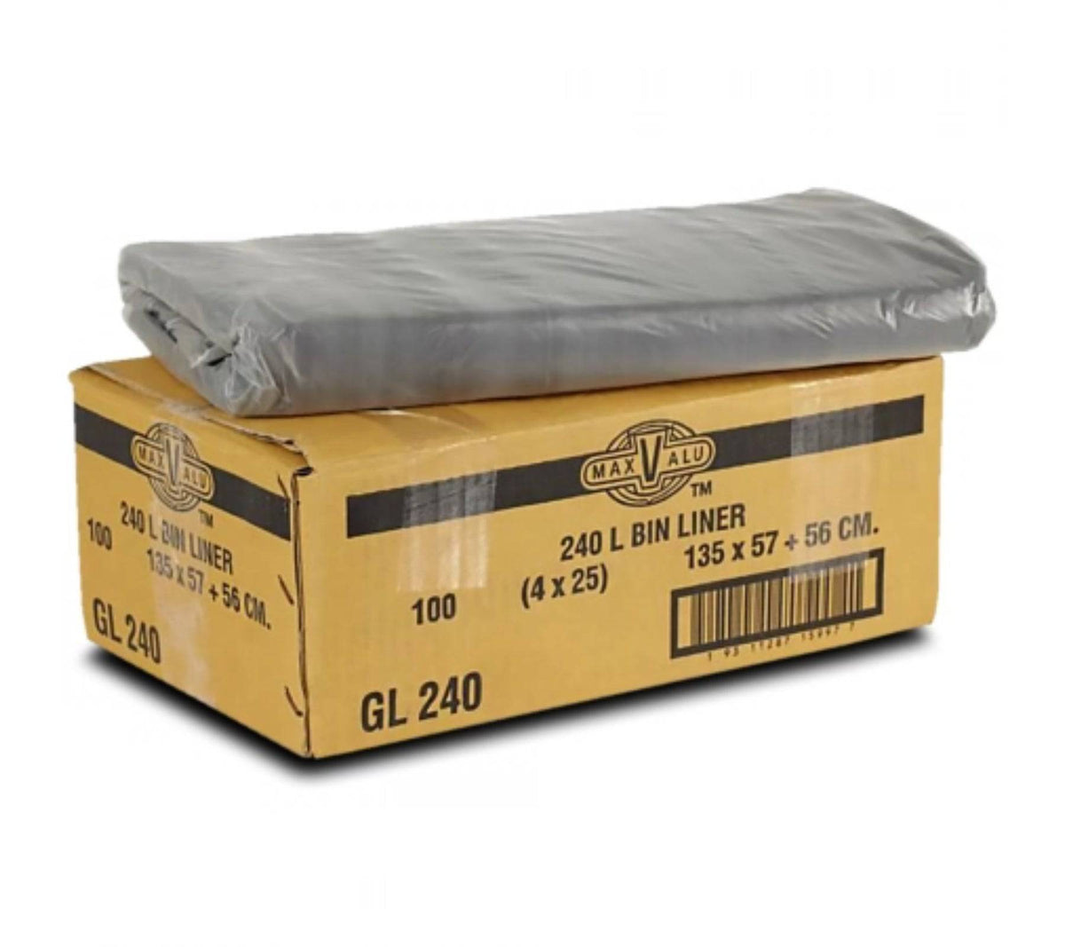 Black heavy duty rubbish bags by Hlpmedical, 240L bin liners, 20um thick, 4 packs of 25 for waste disposal.