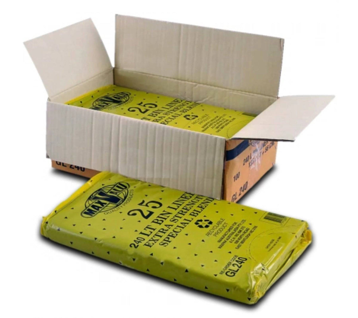 Black heavy duty rubbish bags by Hlpmedical, 240L capacity, 20um thick, 4 packs of 25 bin liners for waste disposal.