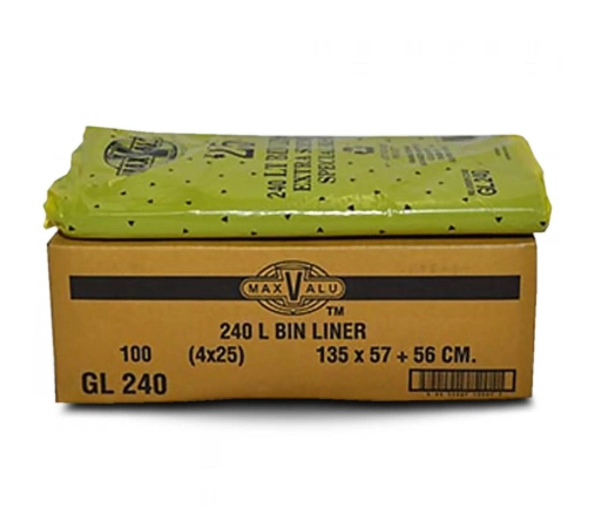 Black heavy-duty rubbish bin liners by Hlpmedical, 240L capacity, 20um thick, pack of 100 garbage bags with reinforced edges.