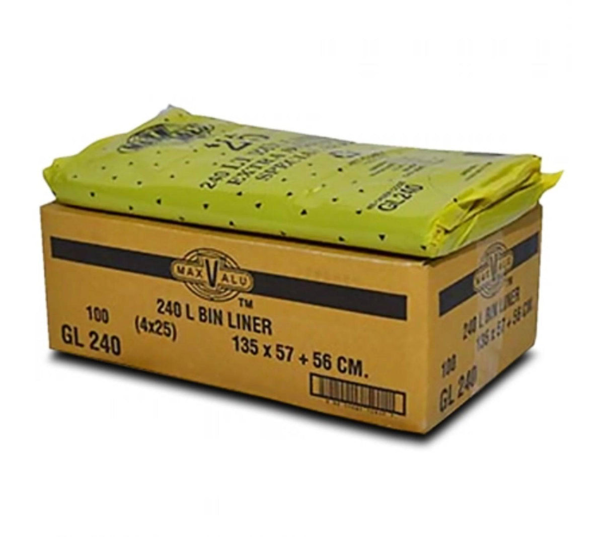 Black heavy duty rubbish bags by Hlpmedical, 240L bin liners, 20um thick, 4 packs of 25 garbage bin liners in a clear image.