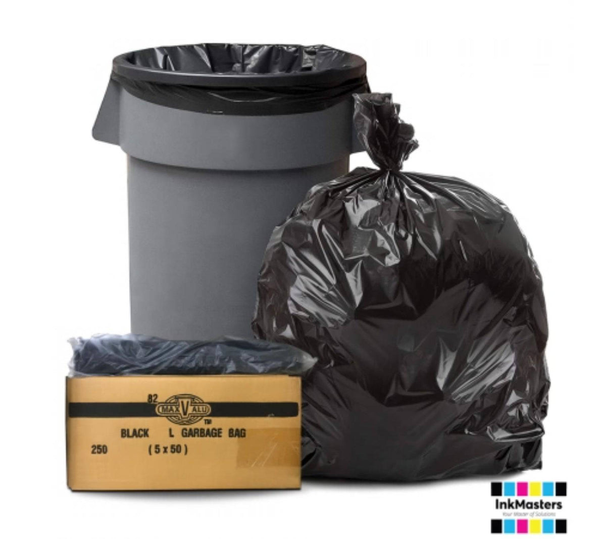 Black heavy-duty rubbish bin liners by Hlpmedical, 82L capacity, 21um thick, 5 packs of 50 garbage bags, durable waste disposal bags.