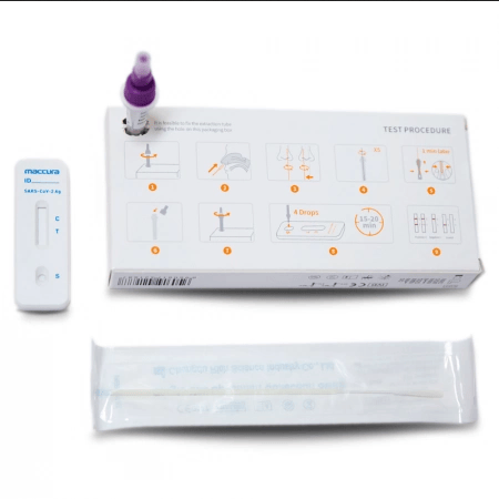 Hlpmedical Maccura Covid-19 Rapid Antigen Nasal Swab Self-Test Kit box showing nasal swab and test device for health screening.