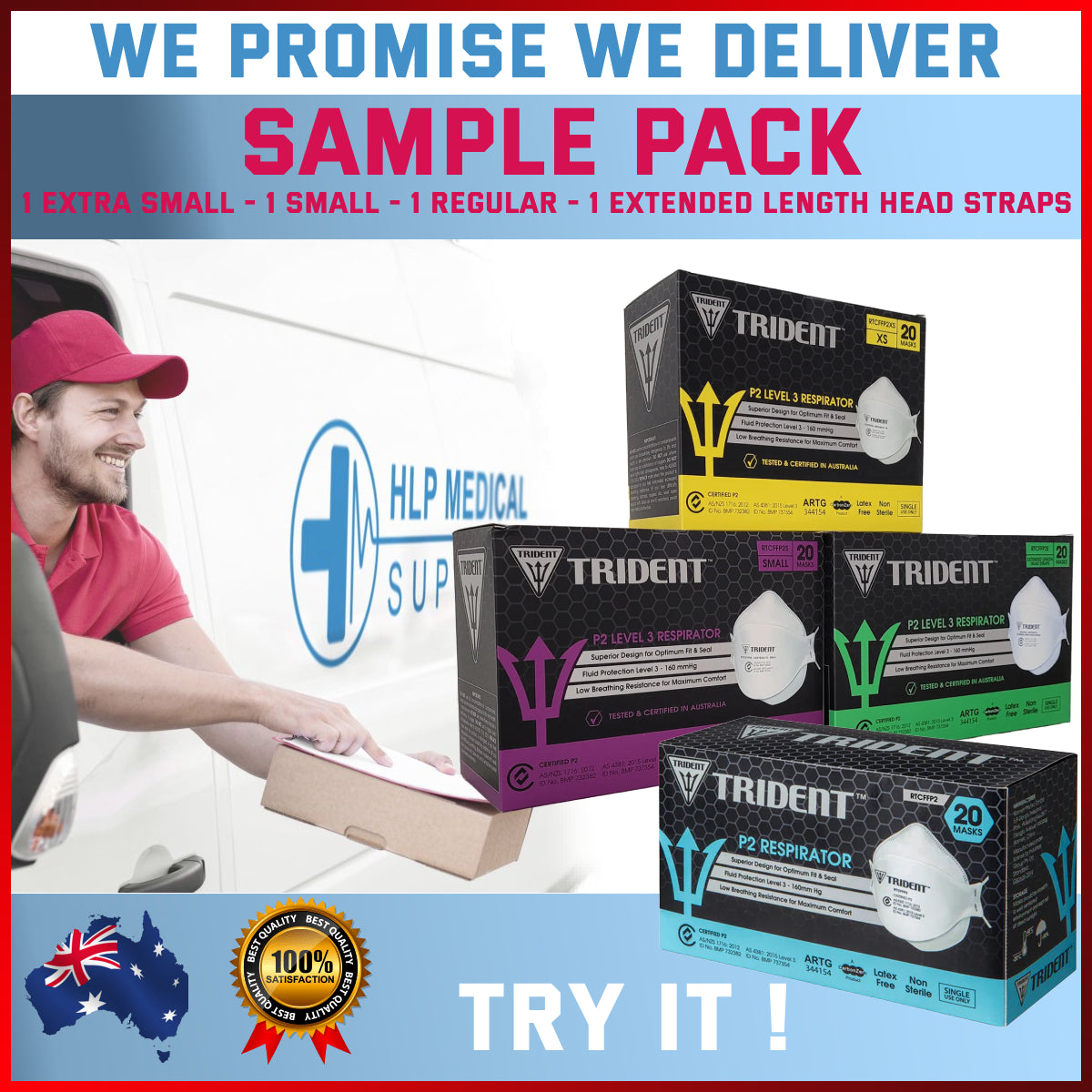 Trident P2 Respirator Level 3 Face Masks, Individually Packaged, Box/20