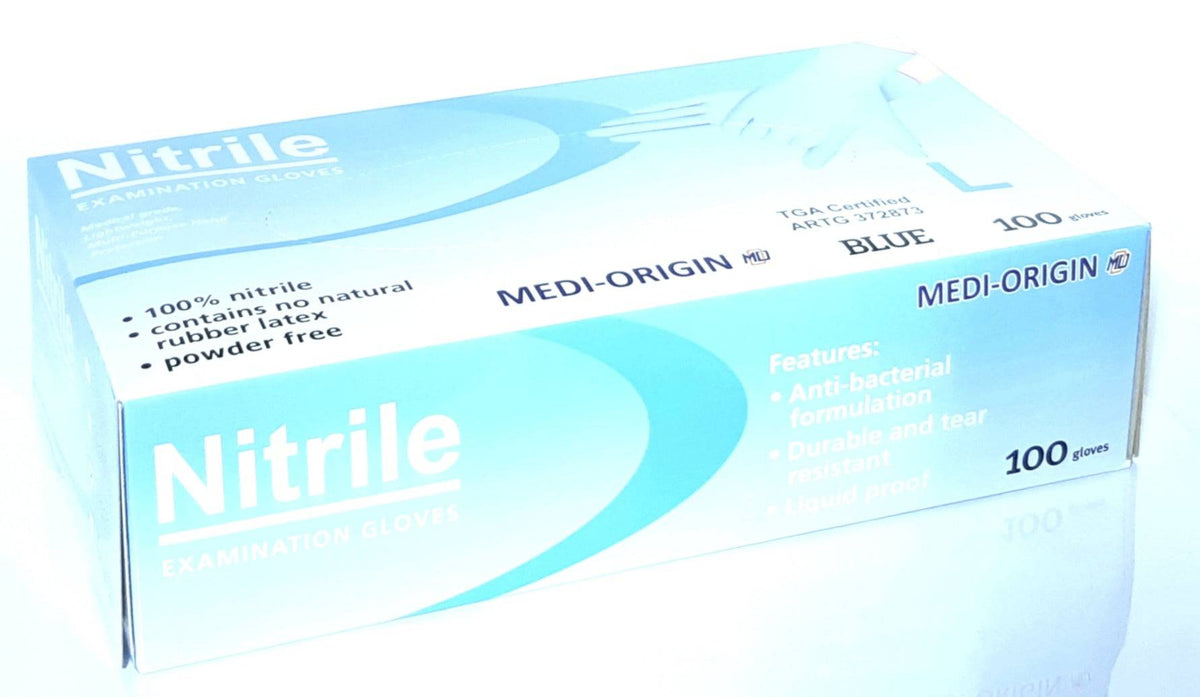 Blue nitrile examination gloves by Hlpmedical, large, powder-free, TGA approved, suitable for medical and lab use.