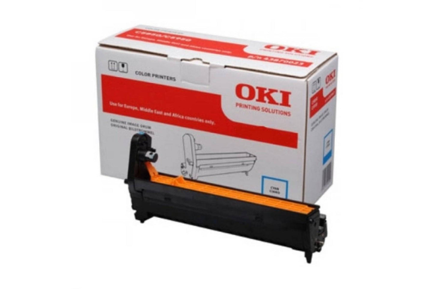 OKI MC853 cyan drum unit by HLP for toner cartridges, showing the genuine cyan drum with packaging and product details.