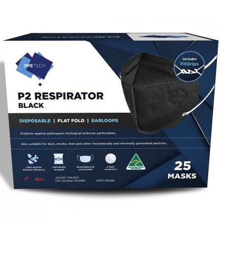 Black P2/N95 face masks with ear loops from Hlpmedical, Australian-made, 4-layer design, 25 pack of protective respirators.