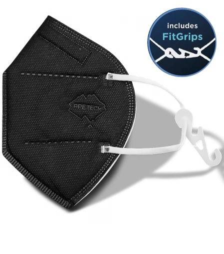 Black Hlpmedical P2/N95 respirator face mask with ear loops, Australian made, 4-layer design, 25-pack for enhanced protection