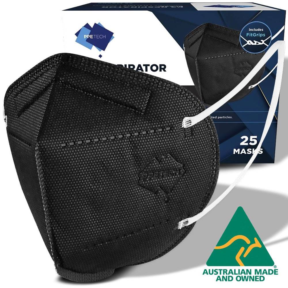 Black P2/N95 respirator face masks with ear loops, Australian made, TGA approved, 4-layer protection, 25-pack from Hlpmedical.