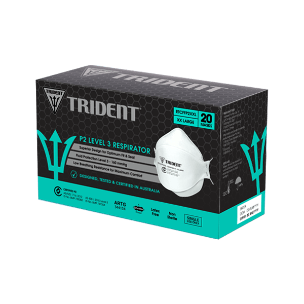 Hlpmedical P2/N95 respirator mask in individual packaging, shown in a box of 24 with 480 masks total.