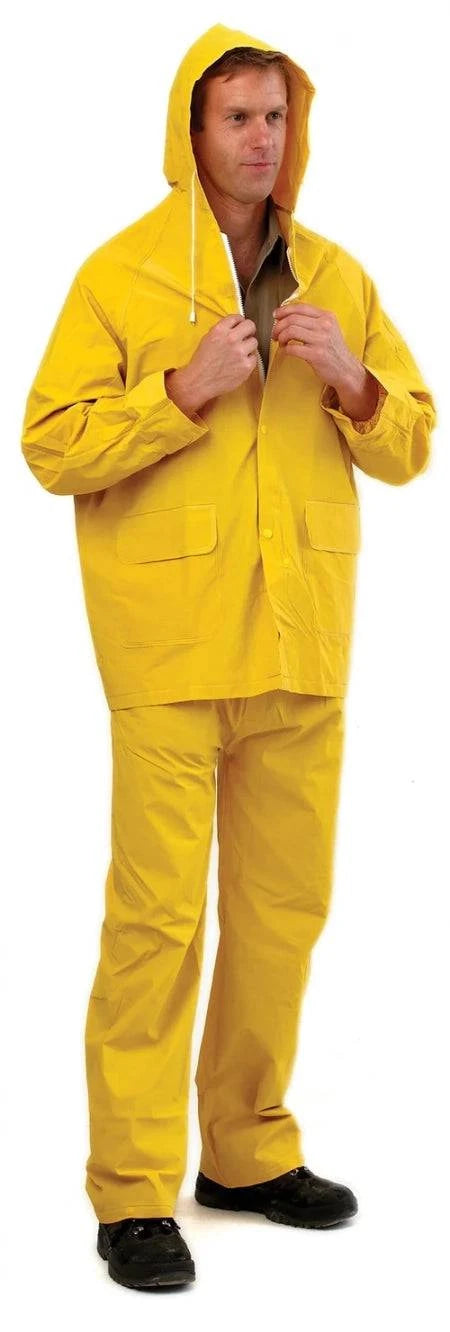 Hi-Vis yellow PVC rainwear set with 3/4 jacket and trousers, safety rainwear by HLP, suitable for outdoor protection and visibility