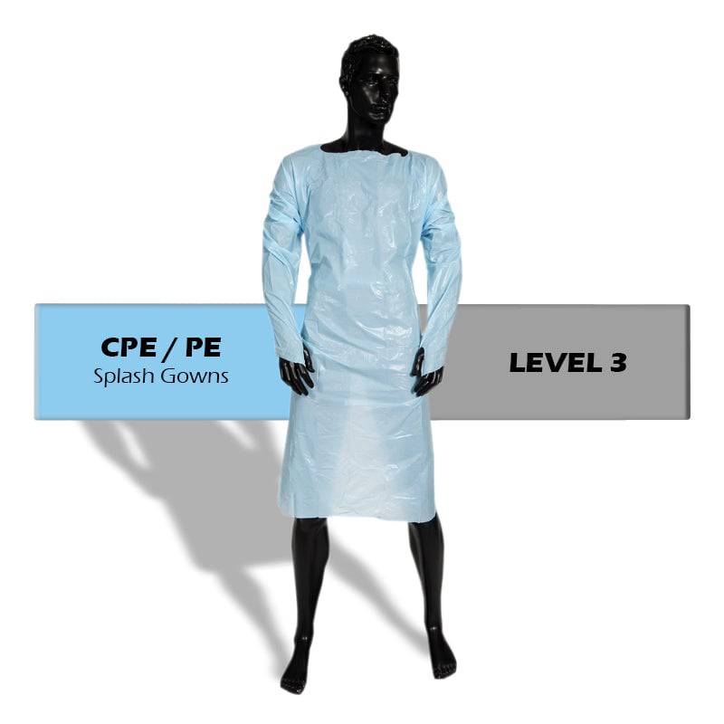 A box of 200 HLP Medical Supplies CPE Splash Isolation Gowns with protective blue gowns stacked inside.