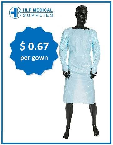 HLP Medical Supplies CPE Splash Gowns, isolation gowns, 200-pack, waterproof medical protective gowns, front view