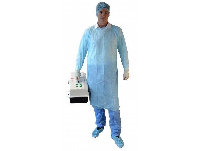 Pack of 200 HLP Medical Supplies CPE Splash Gowns, disposable isolation gowns for medical use, displayed in the image.