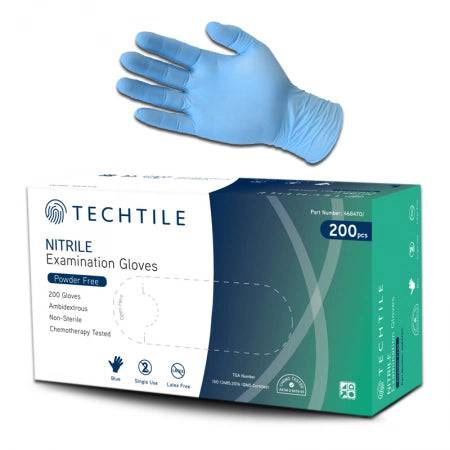 Blue Hlpmedical Techtile nitrile gloves, powder-free, 3.5g, TGA approved, 2000-piece box, for personal protective use.