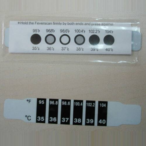 Hlpmedical forehead fever thermometer strips for babies, children, and adults, showing temperature test strips on a white background.