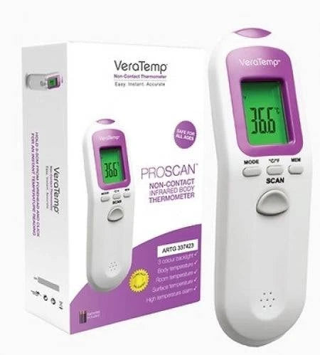 Hlpmedical VeraTemp Proscan non-contact infrared body thermometer showing digital display and sensor for quick temperature readings.