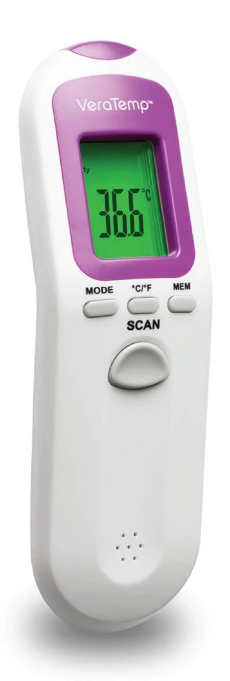 Hlpmedical VeraTemp Proscan non-contact infrared body thermometer on a stand for accurate temperature readings.