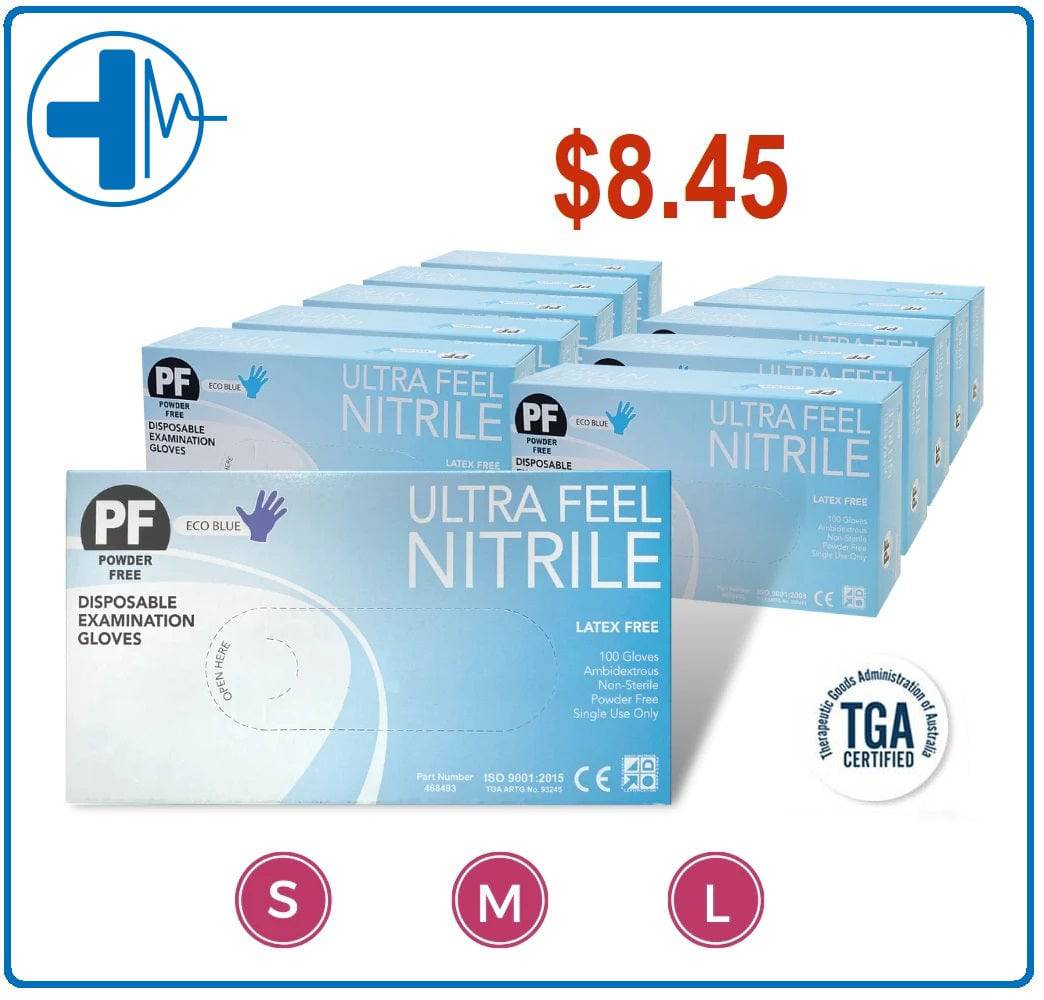 Blue nitrile exam gloves by Hlpmedical, disposable, 1000 pack, showing multiple sizes and a badge indicating quality and quantity.