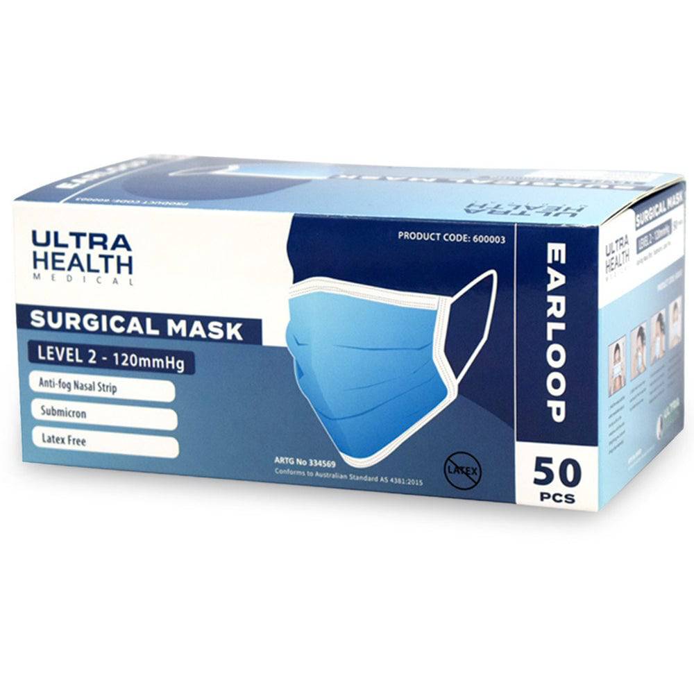 Box of 1000 Hlpmedical Ultra Health 3-ply surgical face masks with ear loops, level 2 protection for medical use.