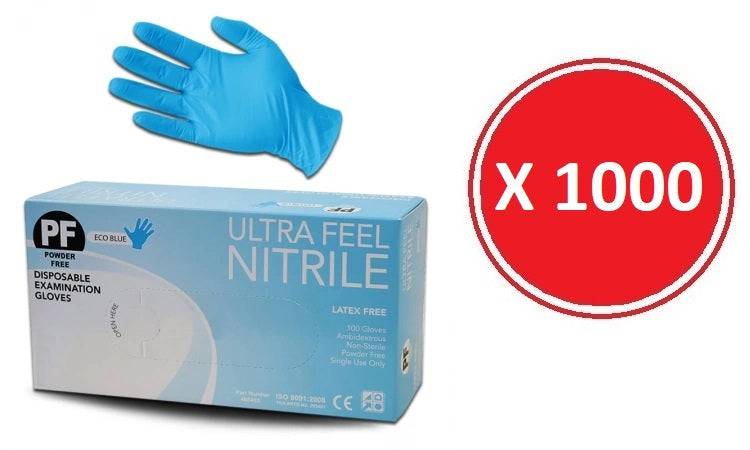 Box of Ultra Feel disposable blue nitrile exam gloves by Hlpmedical, 1000 pcs, available in multiple sizes.