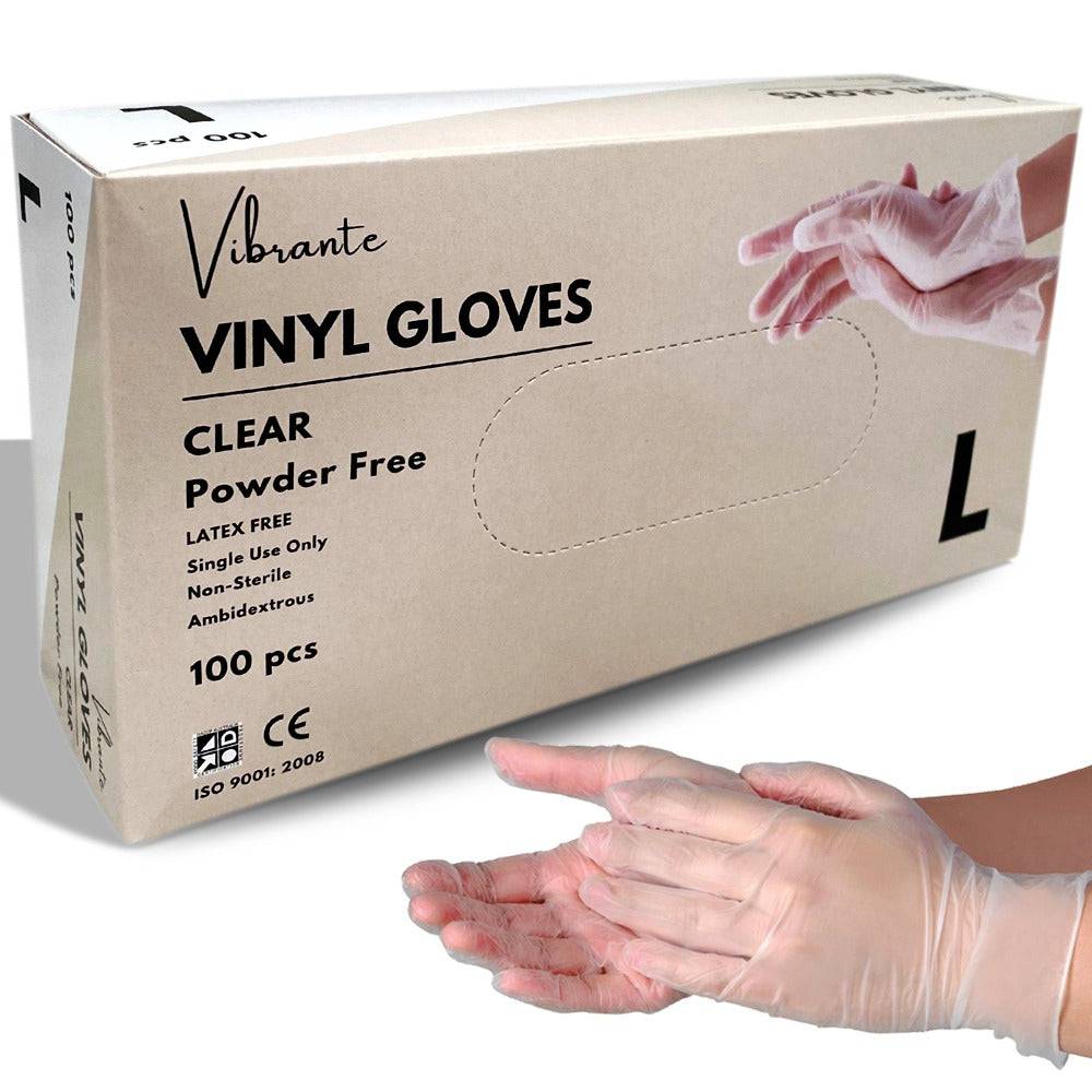 Pair of blue or white vinyl gloves by Hlpmedical, powder-free and disposable, shown in a close-up image.