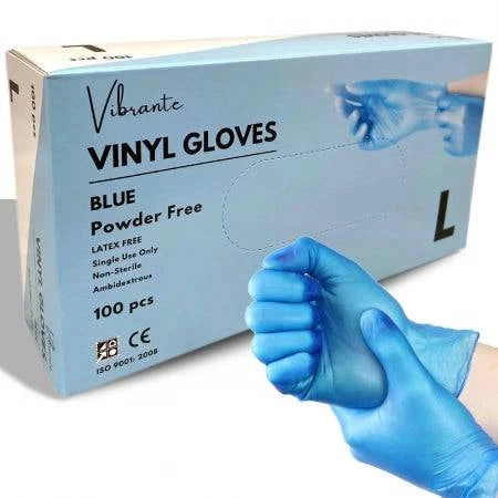 Set of 100 vinyl gloves in vibrant blue and white, powder-free and disposable, from Hlpmedical.