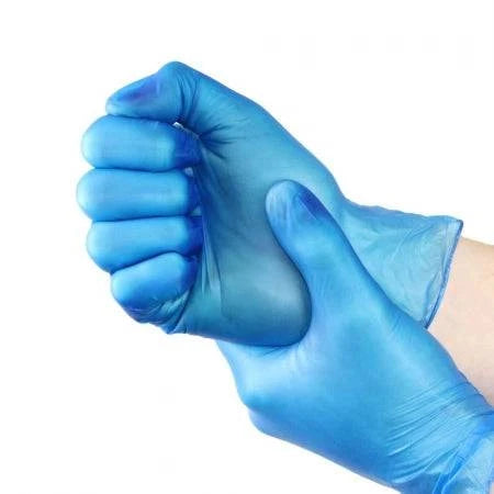 Pair of blue and white vinyl gloves from Hlpmedical, powder-free and suitable for medical or cleaning use.