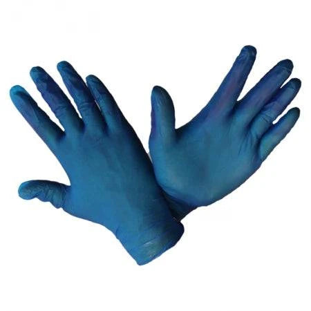 Blue vinyl gloves from Hlpmedical, powder-free food-grade vinyl gloves, pack of 100, showing the gloves folded and ready for use.