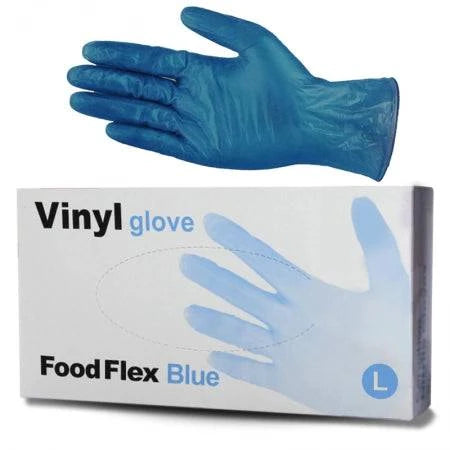 Blue vinyl gloves by Hlpmedical, powder-free food grade vinyl gloves in a 100-pack, showing the smooth, flexible glove material.