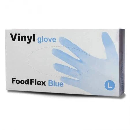 Blue vinyl gloves from Hlpmedical, food-grade, powder-free, in a carton of 1000 pieces, suitable for food handling and medical use.