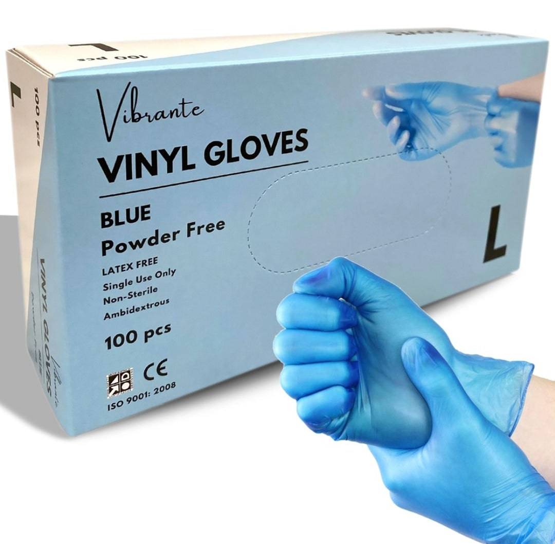 Pair of vinyl gloves in vibrant blue or white, powder-free, from Hlpmedical, shown in a close-up image.