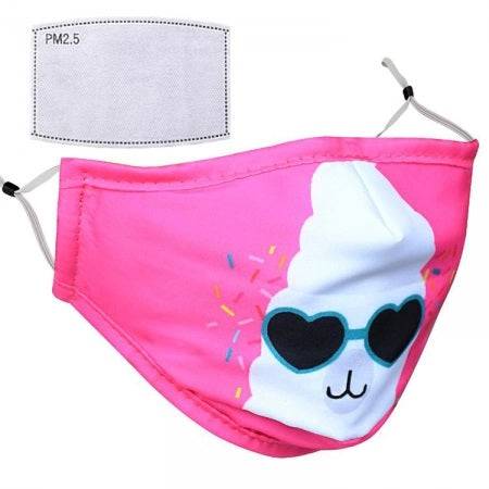 Kids reusable face mask by Hlpmedical with adjustable earloops and a PM 2.5 filter, shown in washable, colorful fabric.
