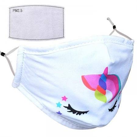 Kids reusable face mask by Hlpmedical with adjustable earloops and included PM 2.5 filter, shown in washable fabric.