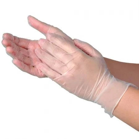 Pair of vinyl gloves in vibrant blue and white, powder-free and disposable, ideal for medical and hygiene use.