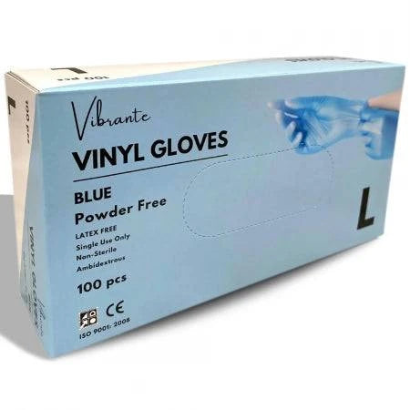 Pair of blue and white vinyl powder-free gloves by Hlpmedical, showing the textured surface and snug fit for medical use.