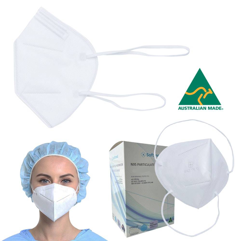 10-pack N95 flat-fold respirator masks with head strap by HLP Medical Supplies, showing masks arranged in a row.