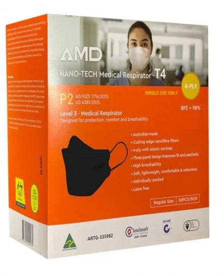 Black AMD P2 N95 medical respirator face masks by HLP Medical Supplies, showing 50 masks with adjustable straps and nose clips.