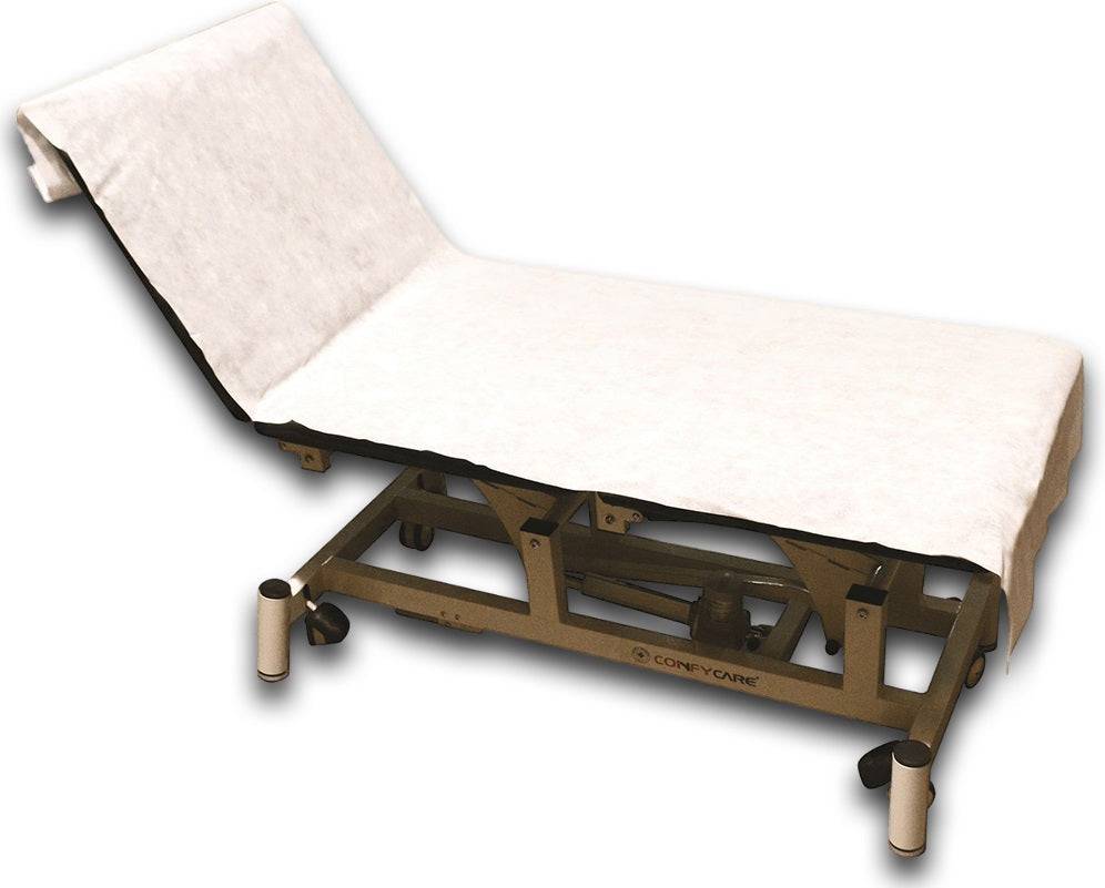 Box of 100 disposable bedsheets from Hlpmedical, fitted design with soft, lightweight fabric suitable for medical or hospitality use.
